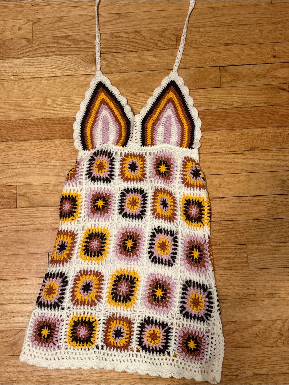 Crochet Floral Square-Panel Mini Dress in White, Pink & Mustard